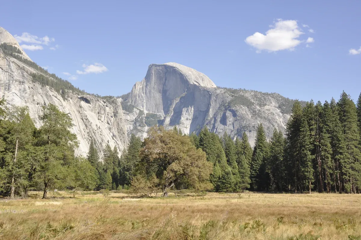 Half Dome seen from the Yosemite Valley floor on a Yosemite tour from San Francisco, California